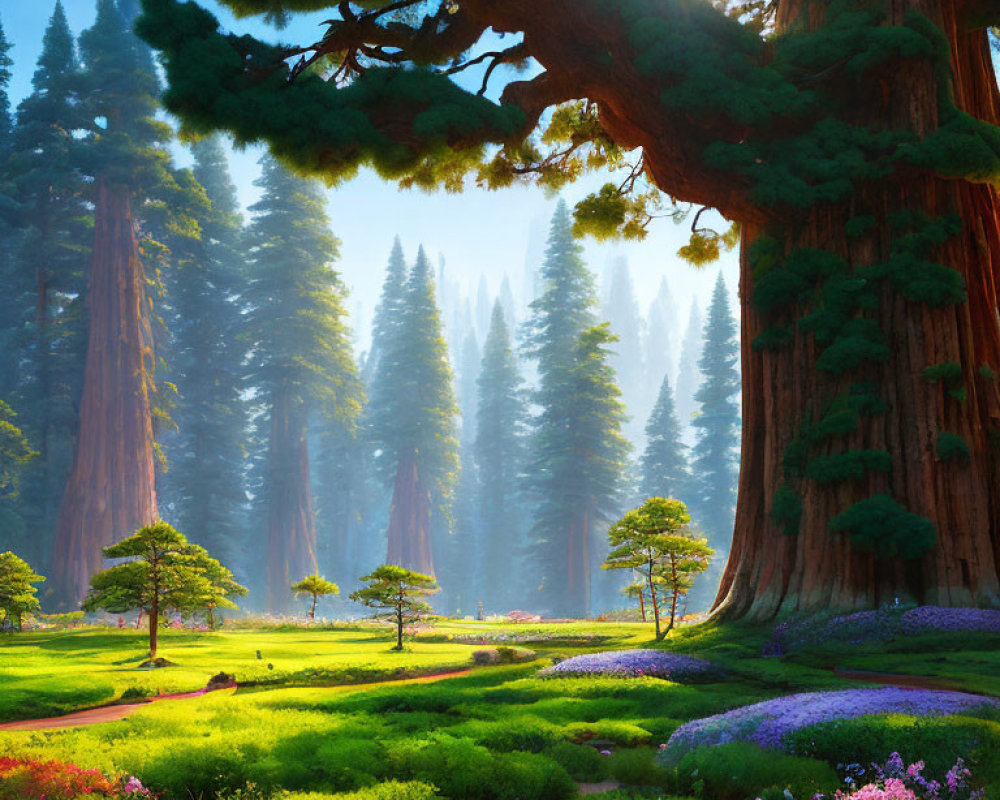 Lush forest with tall sequoia trees, sunlit meadow, and misty ambiance