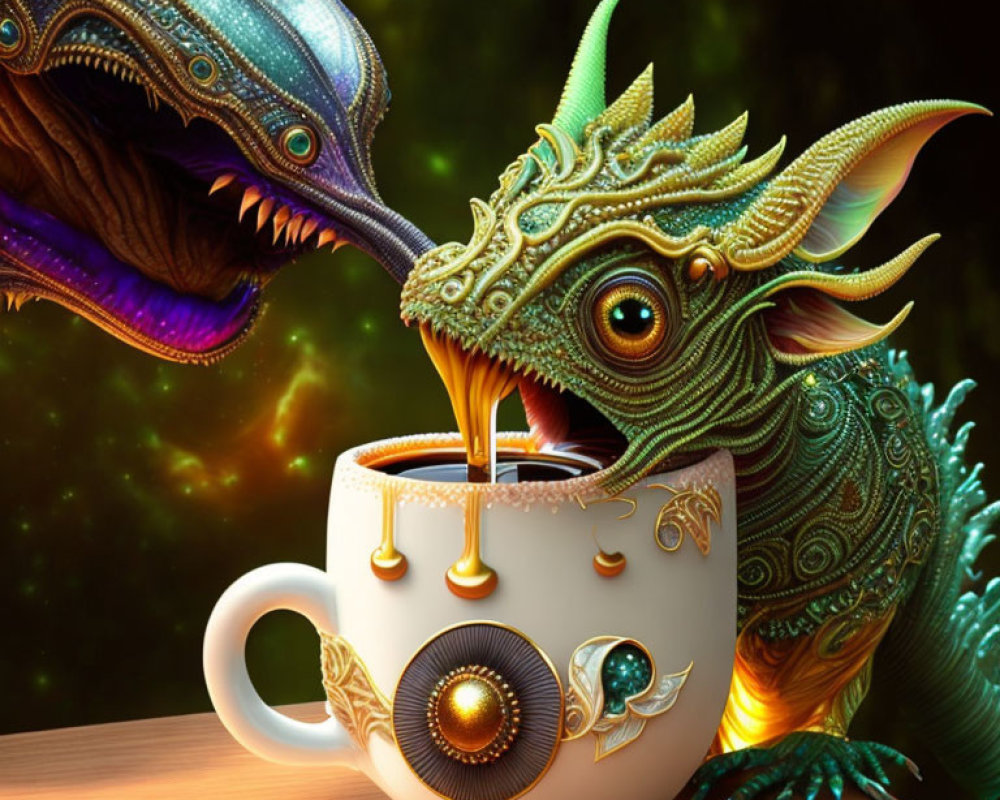 Digital Art: Mechanical Dragon Sipping from Steampunk Cup