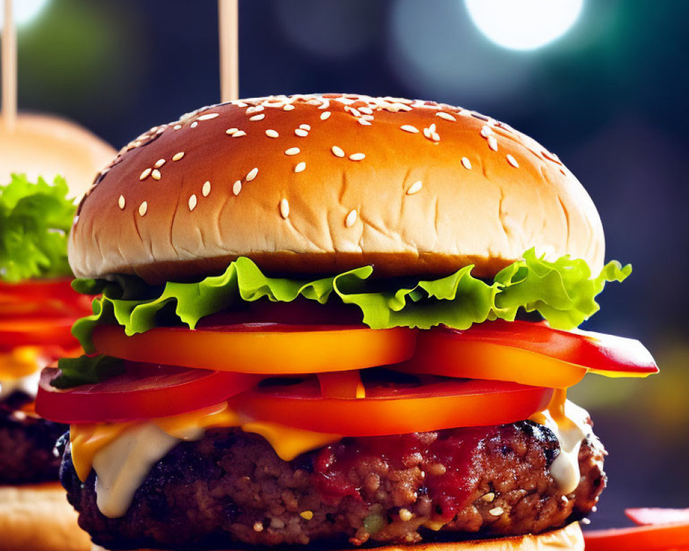 Sesame bun burgers with lettuce, tomato, cheese, and meat patties