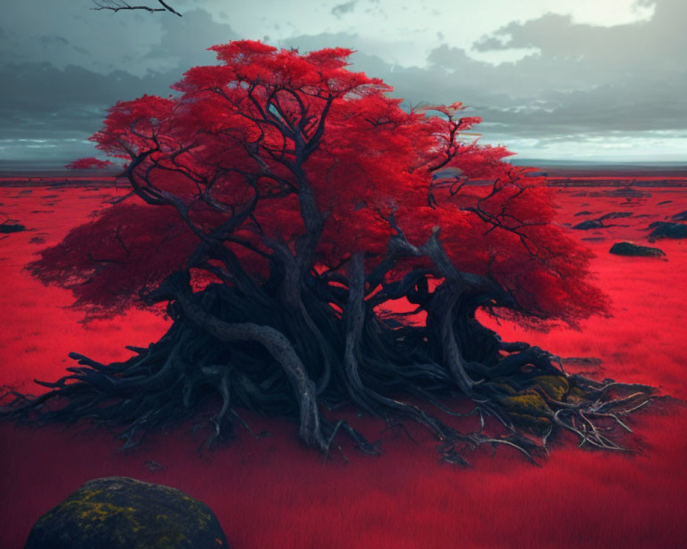 Vibrant red tree on crimson grassland under moody sky