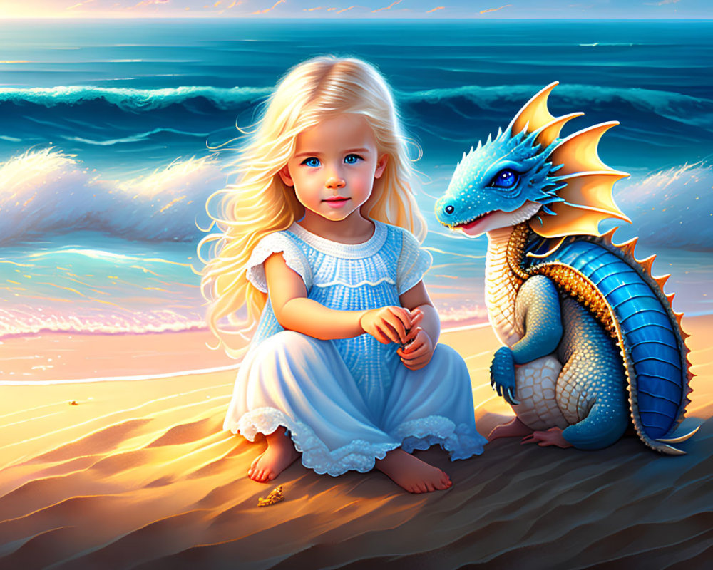 Blonde girl in blue dress with blue dragon on beach at sunset