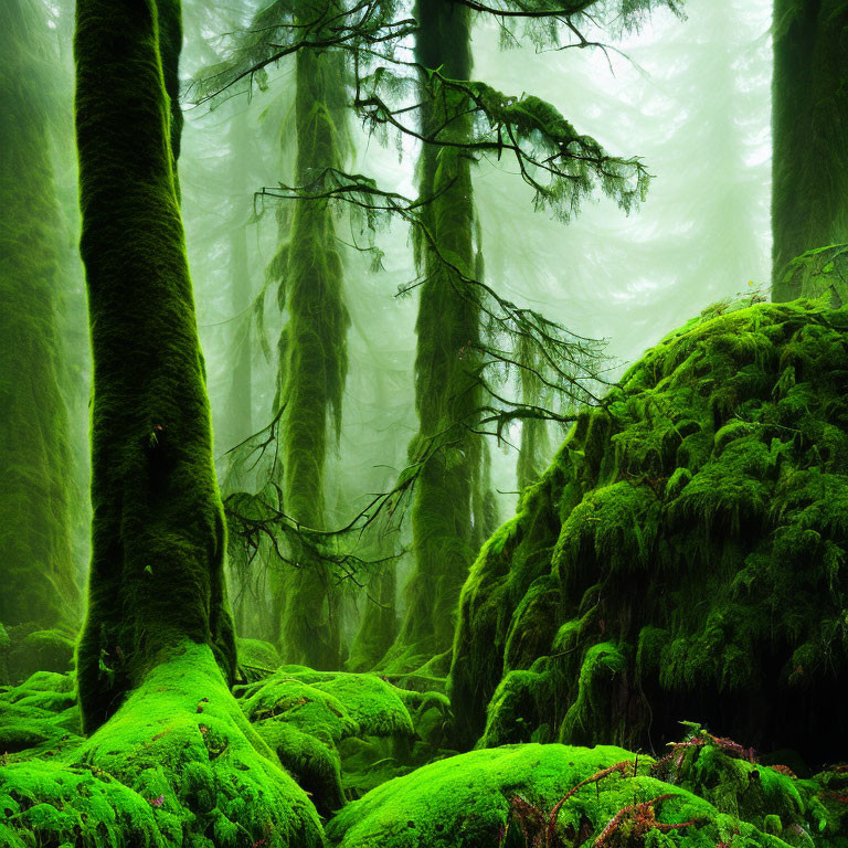 Lush Green Moss-Covered Forest with Towering Trees