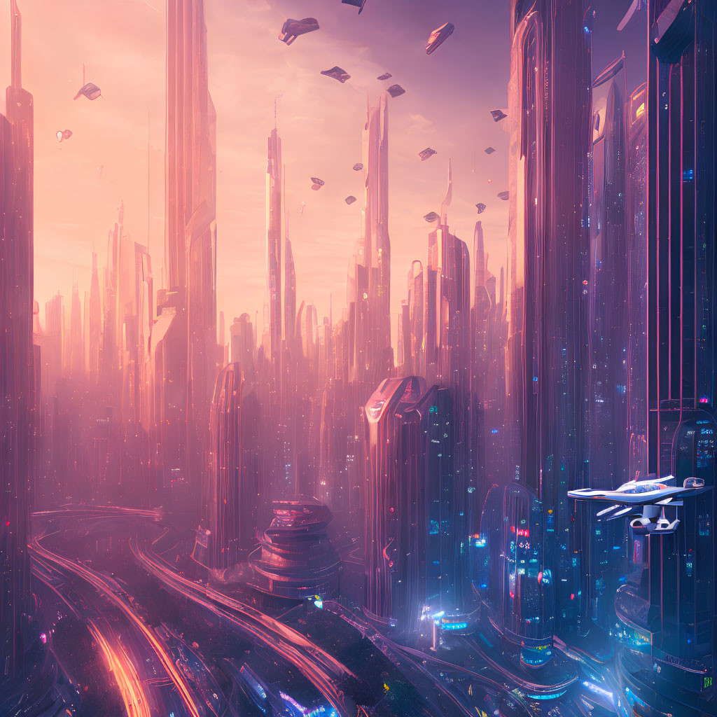 Futuristic cityscape at dusk with skyscrapers, flying vehicles, and glowing lights