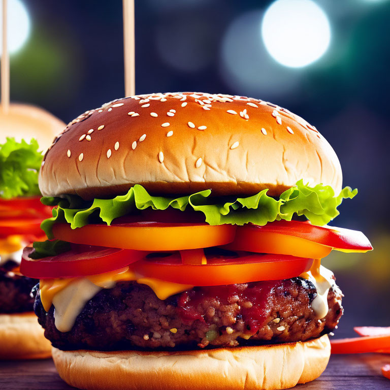 Sesame bun burgers with lettuce, tomato, cheese, and meat patties