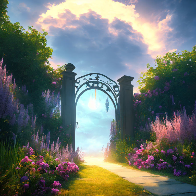 Ornate garden gate with lush purple flowers and dramatic sunset sky