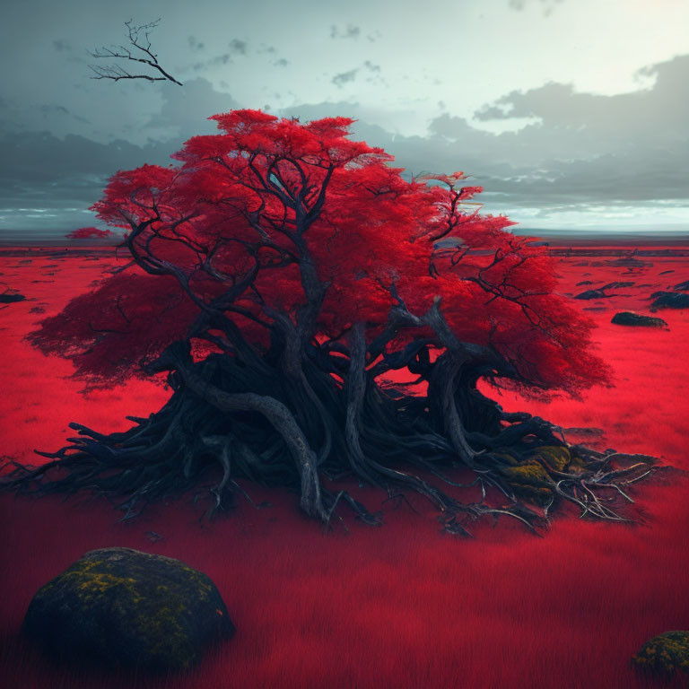 Vibrant red tree on crimson grassland under moody sky