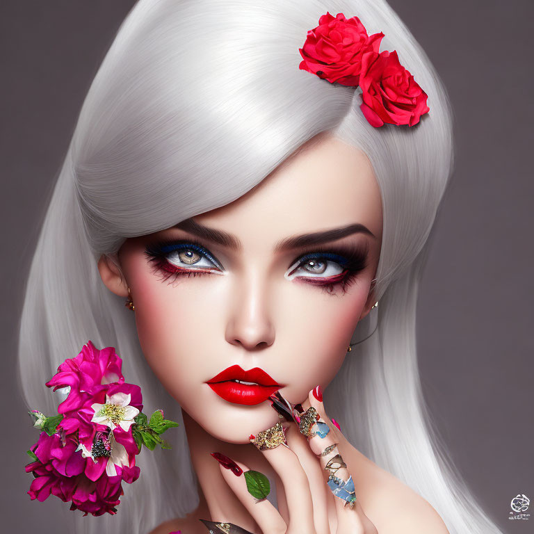 Portrait of Woman with White Hair, Red Lips, Blue Eyes, and Floral Adornments