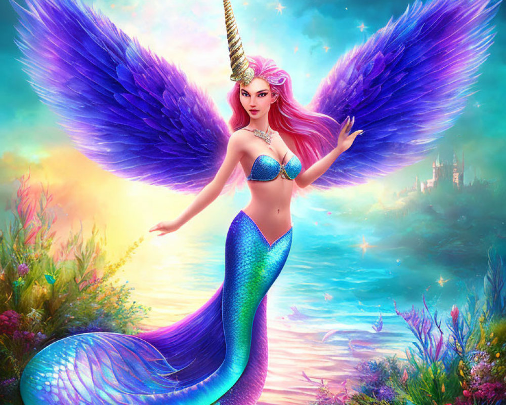 Mythical mermaid with unicorn horn and blue wings in enchanted landscape