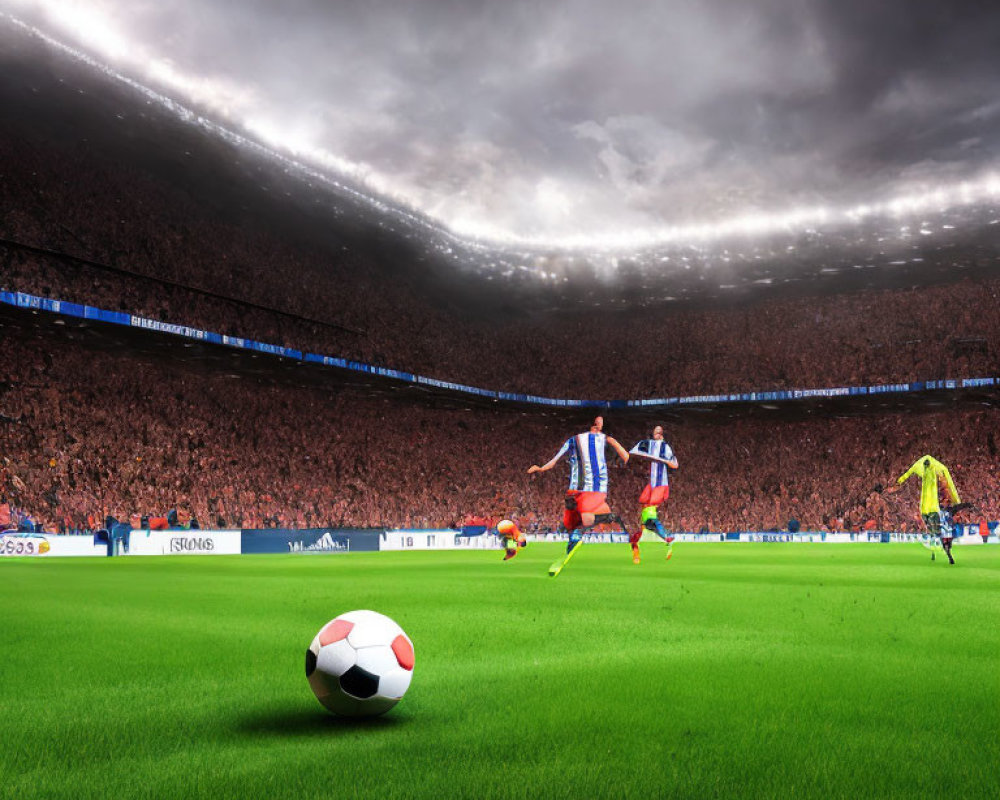 Football rolling on pitch with players and crowded stadium under evening skies