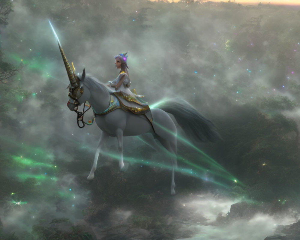 Warrior on unicorn with glowing sword in foggy forest landscape