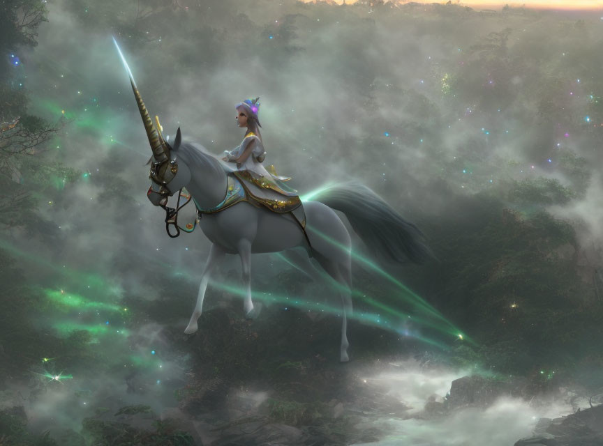 Warrior on unicorn with glowing sword in foggy forest landscape