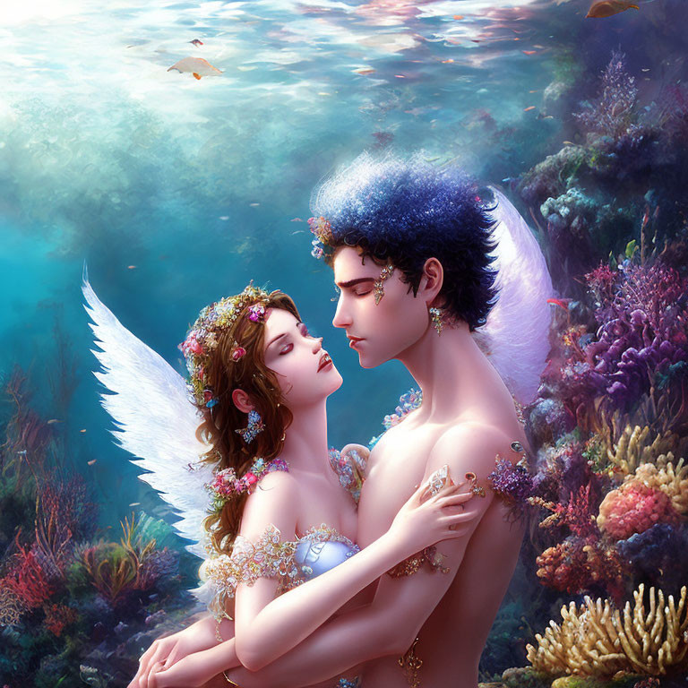 Angelic figures embracing underwater amidst vibrant coral and fish.