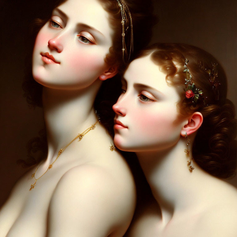 Classical painting of two women with subtle makeup and delicate jewelry