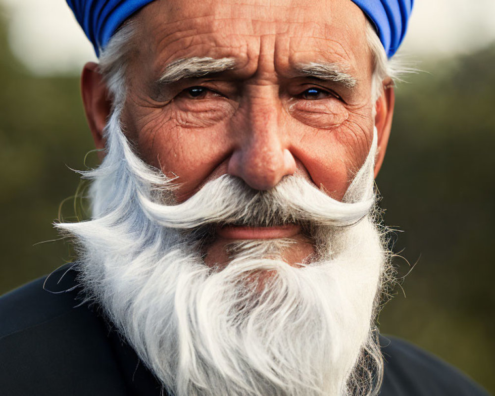 Elderly man with white beard and blue turban smiling outdoors