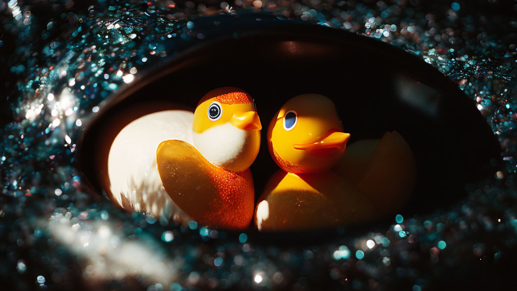 Rubber ducks in dark hollow with blue glitter and light illuminating them