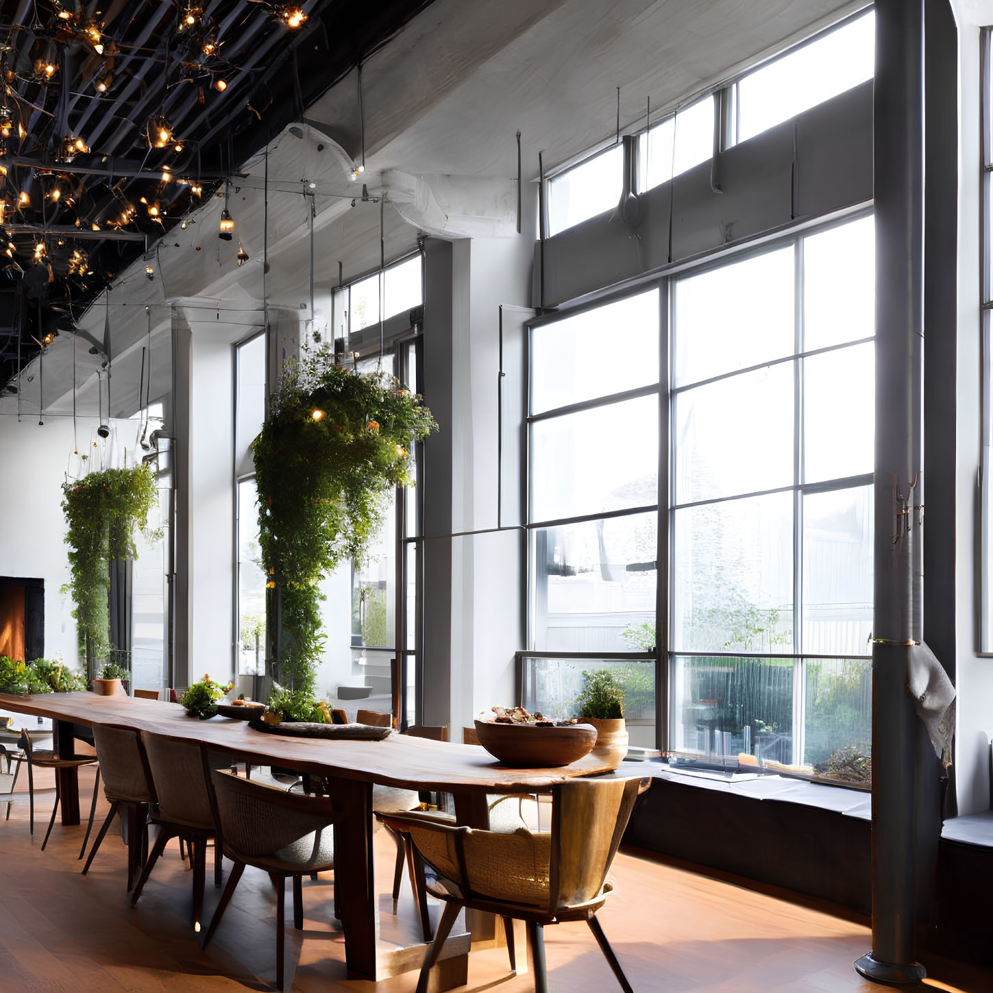 Stylish modern dining room with wooden table, chairs, plants, windows, and ceiling light