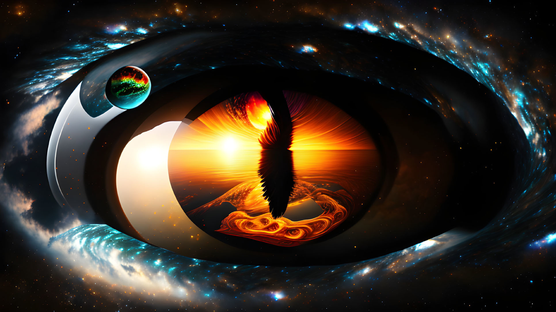 Eye-shaped galaxy with fiery phoenix, planets, and starry sky