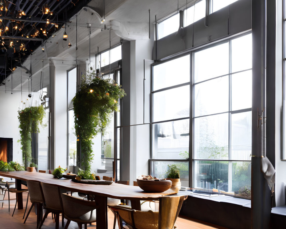 Stylish modern dining room with wooden table, chairs, plants, windows, and ceiling light