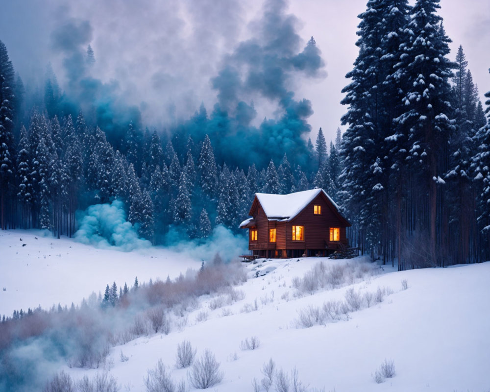 Snow-covered cabin nestled among illuminated pines in twilight snowscape