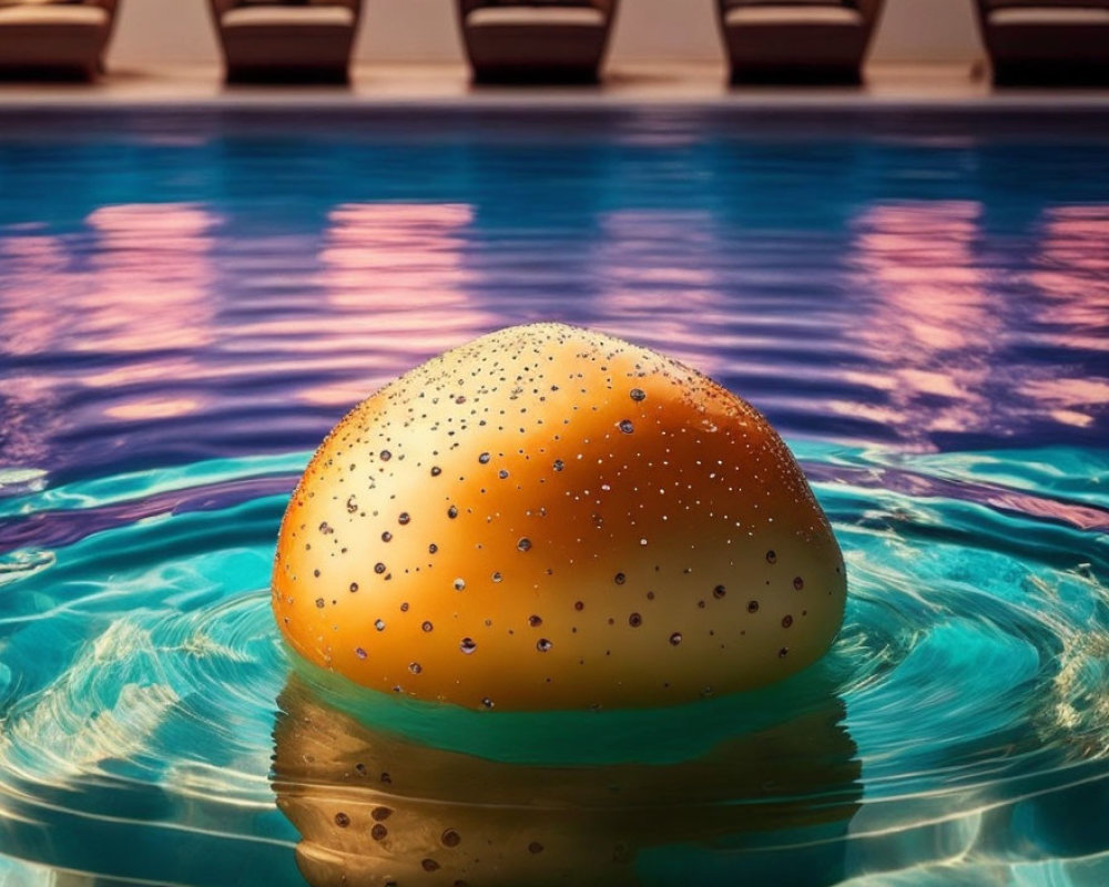 Tranquil pool scene with water-droplet-covered stone and sun loungers