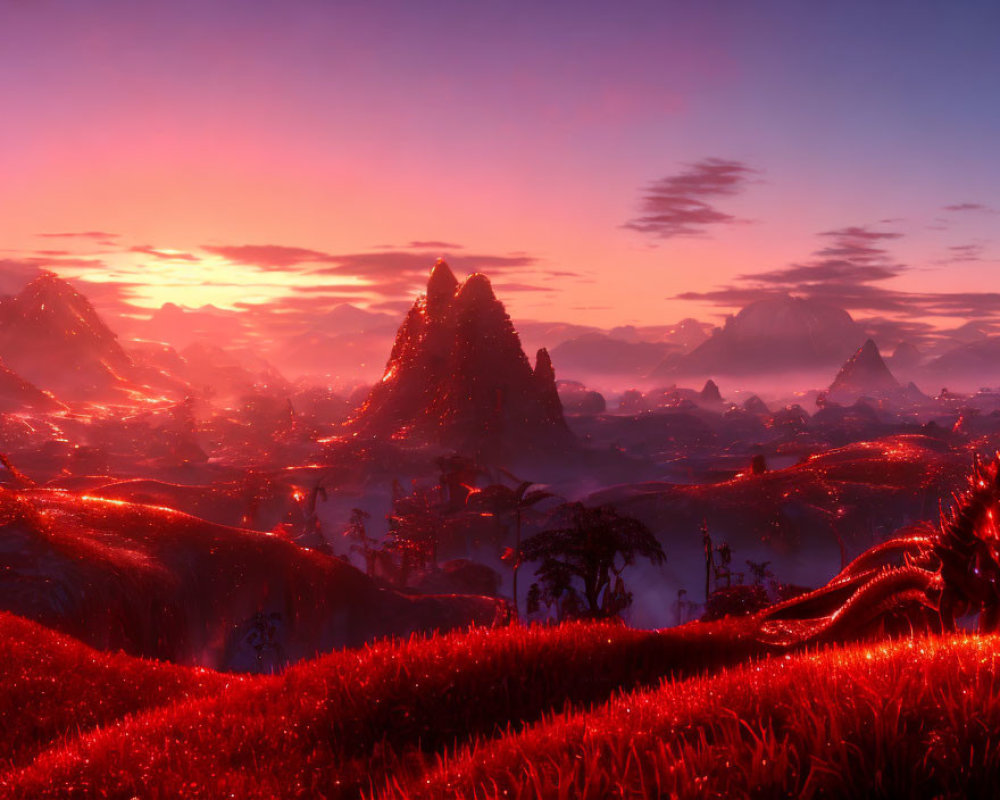 Colorful alien landscape: red vegetation, rolling hills, towering rock formations, pink sky