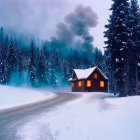 Snow-covered cabin nestled among illuminated pines in twilight snowscape