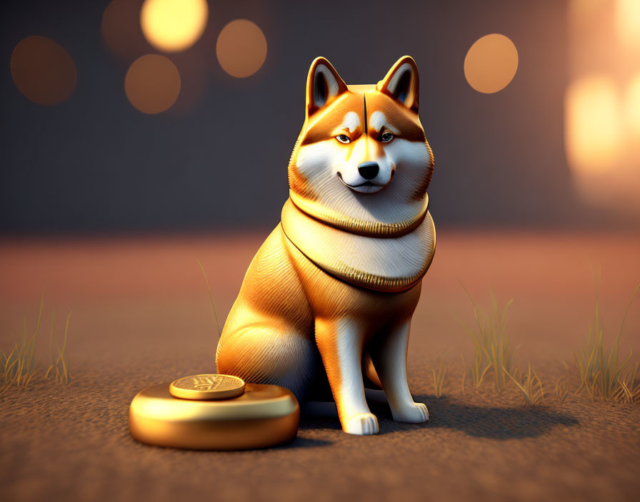 3D illustration of smirking Shiba Inu dog with gold coin on twilight street