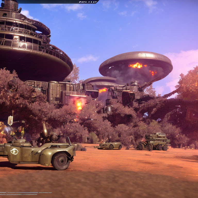 Military vehicles parked on dusty terrain with purple foliage, futuristic structures burning under violet sky