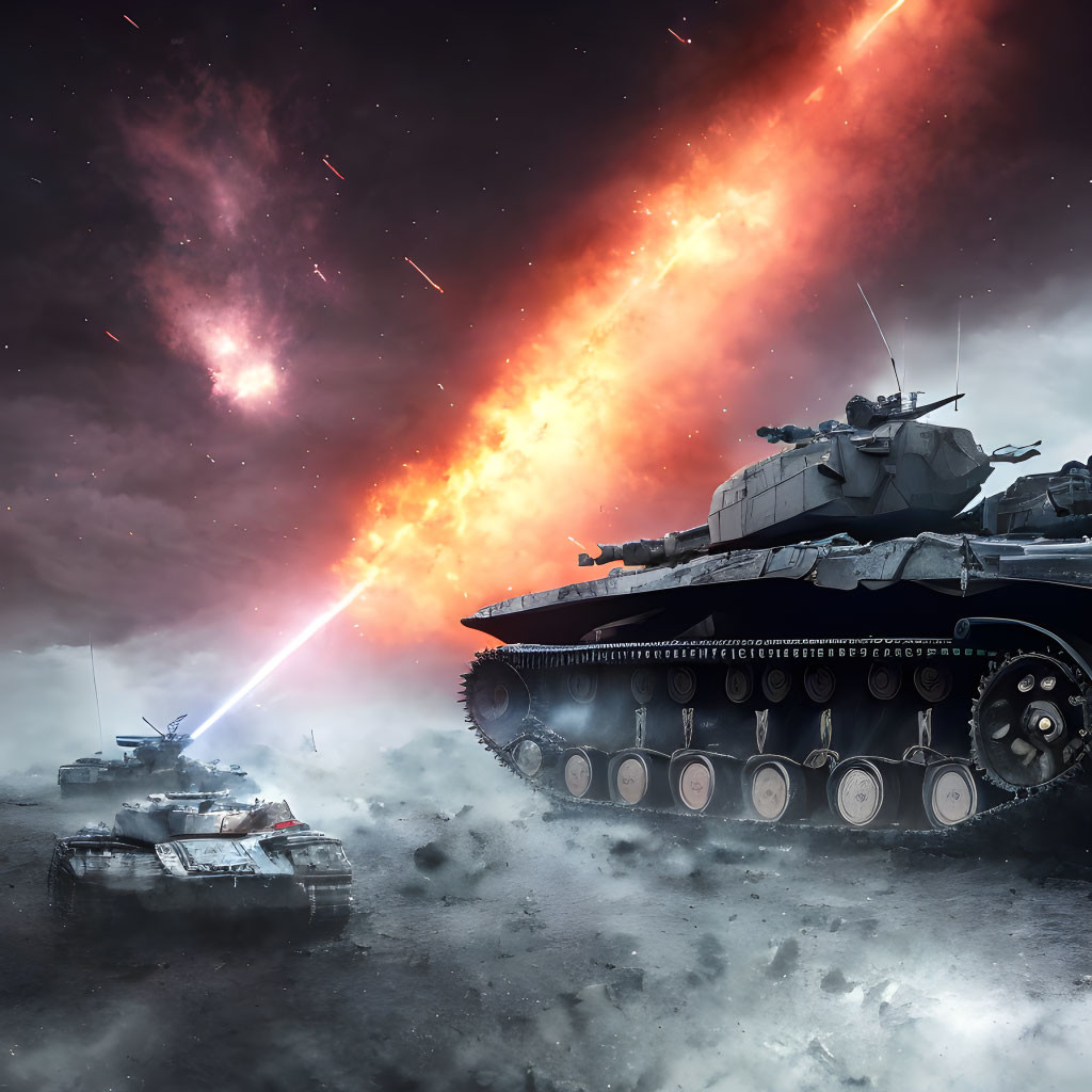 Military tanks under red streaked sky in intense battle scene