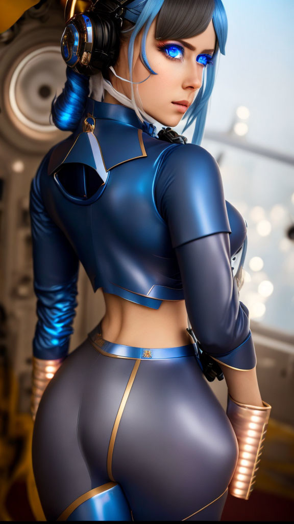 Futuristic digital artwork of female character with blue hair and eyes