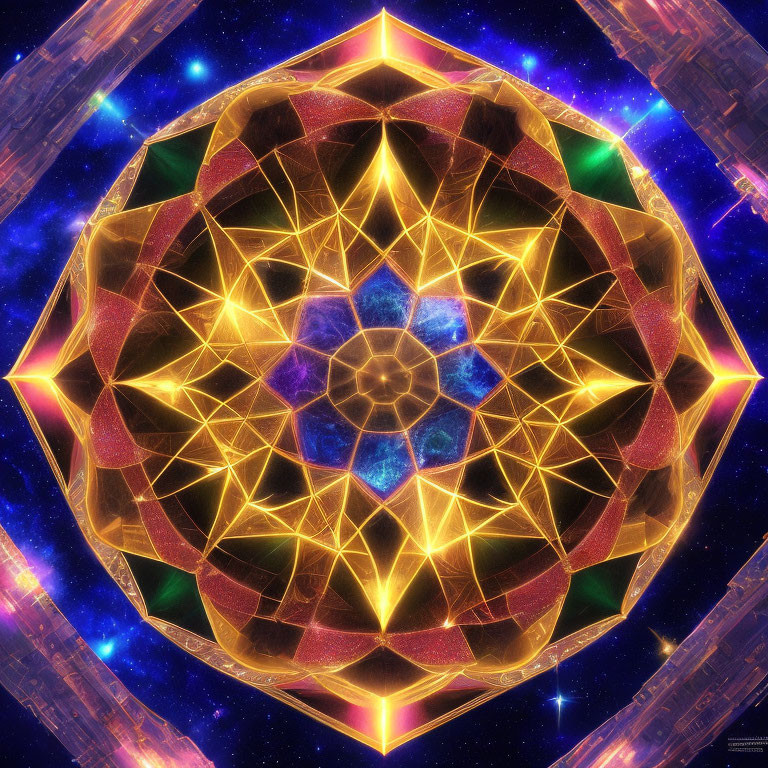 Symmetrical gold mandala pattern on kaleidoscopic space backdrop