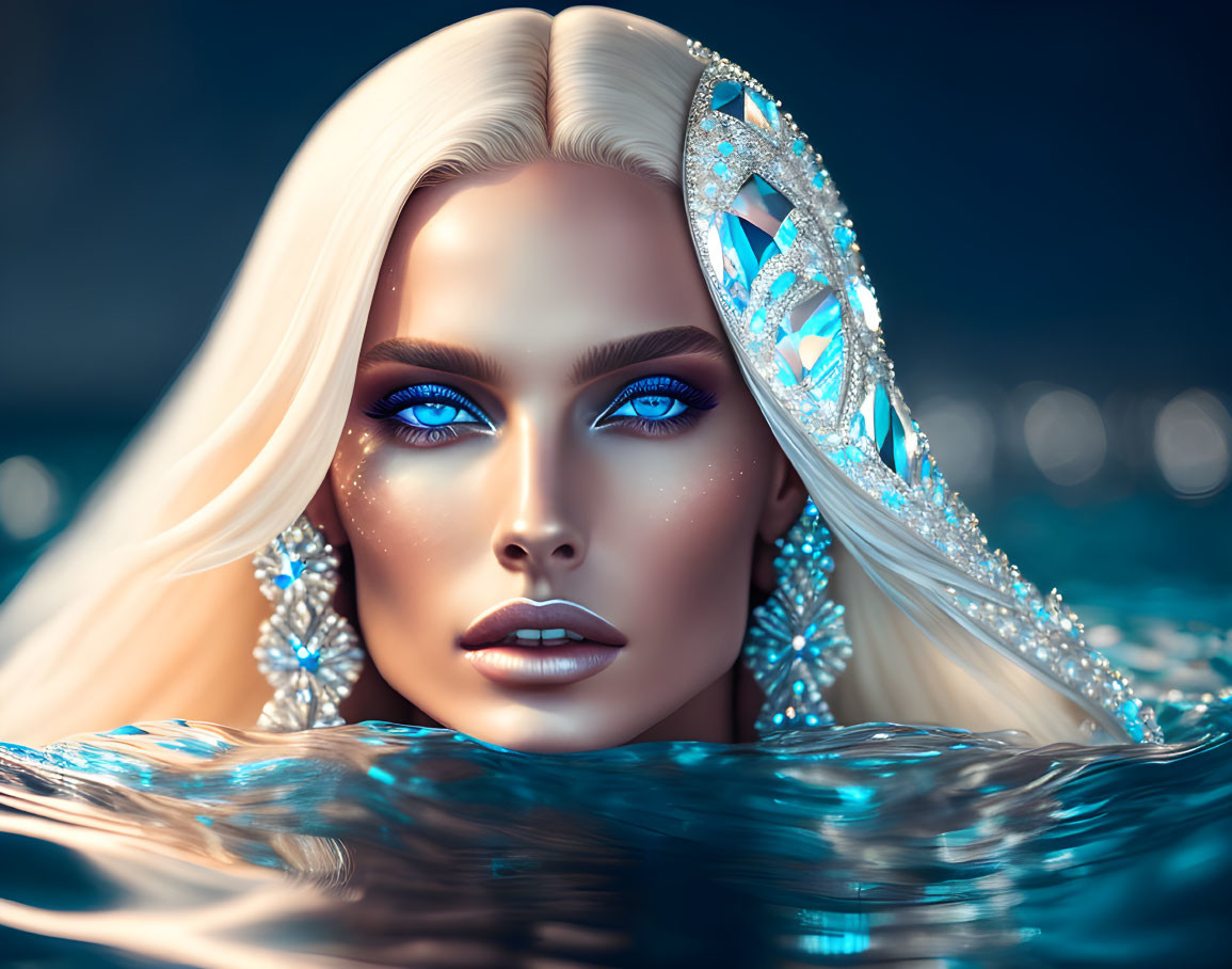 Digital image: Woman with blue eyes, platinum hair, jeweled headpiece, in water