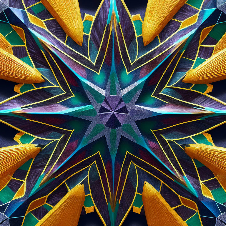 Symmetrical Kaleidoscopic Pattern in Vibrant Yellows and Blues