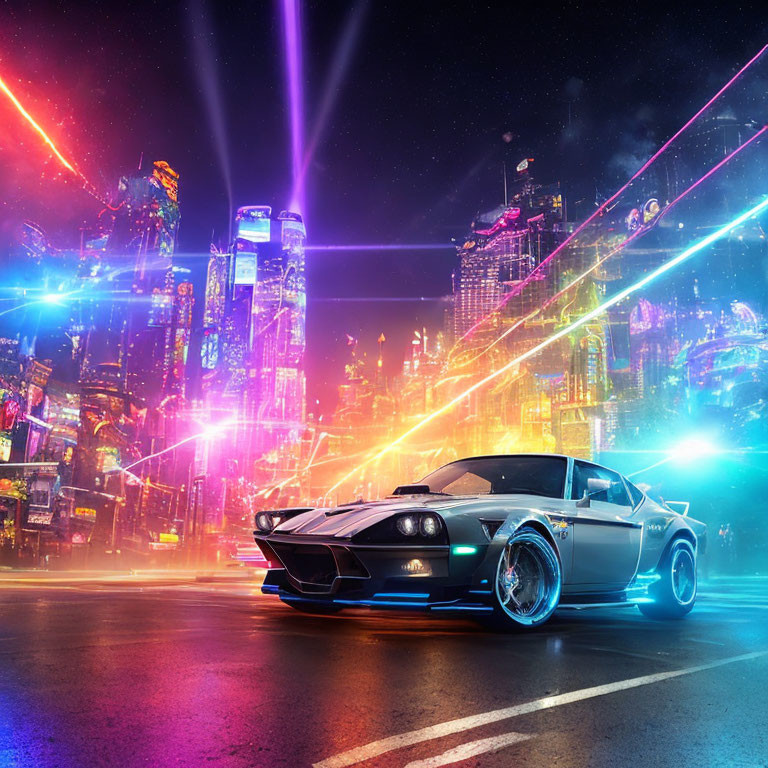 Vintage Muscle Car in Neon-lit Futuristic Cityscape