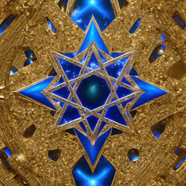 Symmetrical Golden Fractal Pattern with Blue Star and Celestial Motifs