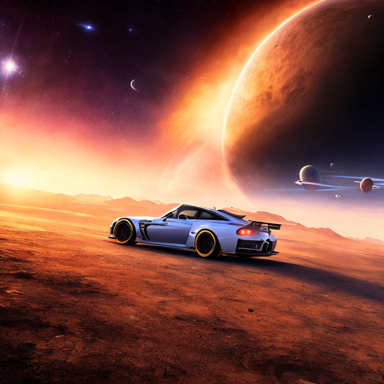 Sports Car on Barren Landscape with Large Planet and Moons