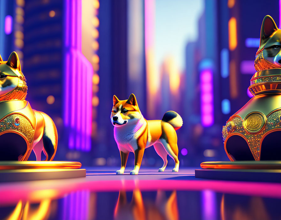 Shiba Inu in Neon-lit City with Dog Statues