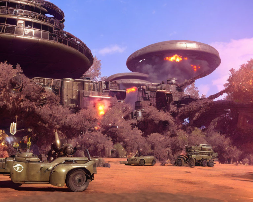 Military vehicles parked on dusty terrain with purple foliage, futuristic structures burning under violet sky