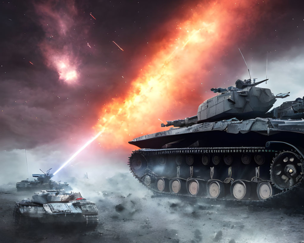 Military tanks under red streaked sky in intense battle scene