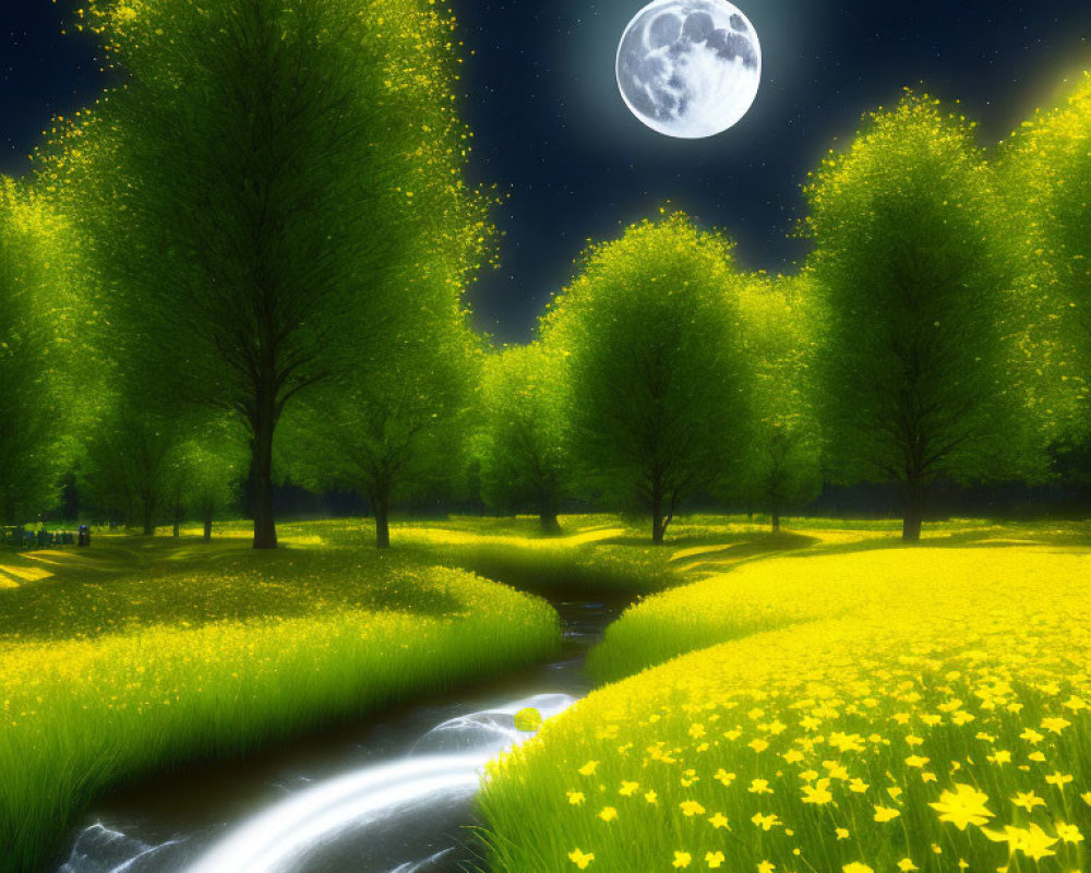 Full Moon Night Landscape with Yellow Flowers, Stream, and Starry Sky