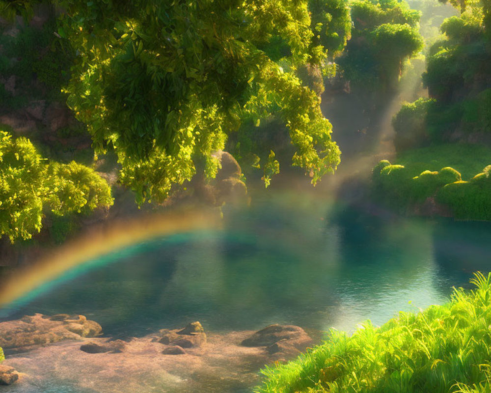 Tranquil river with rainbow, lush greenery, and warm sunlight.