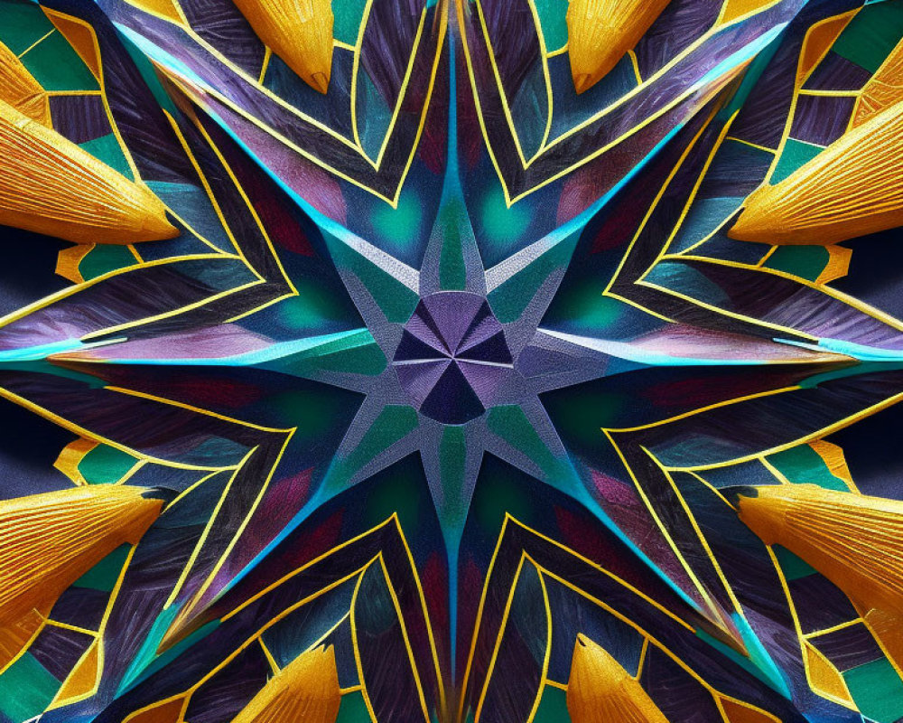 Symmetrical Kaleidoscopic Pattern in Vibrant Yellows and Blues