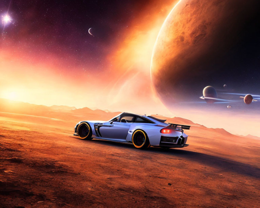 Sports Car on Barren Landscape with Large Planet and Moons