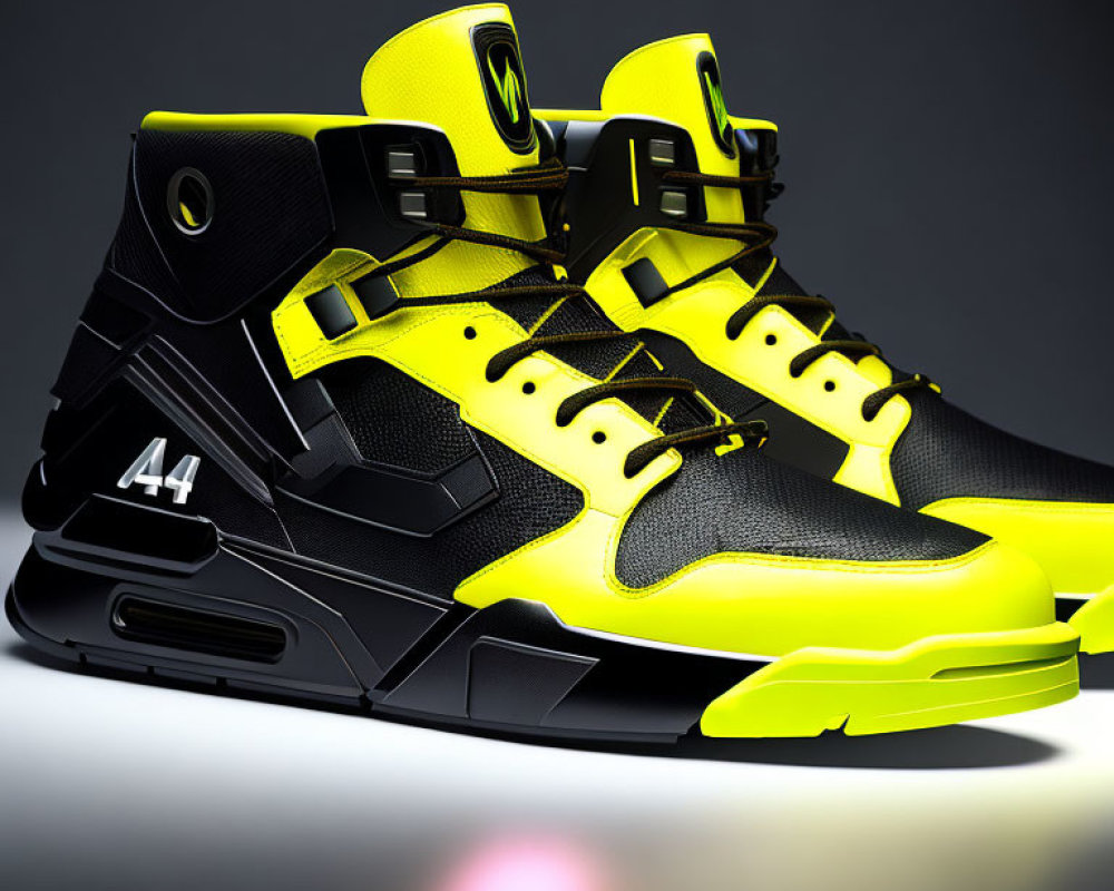 Black and Neon Yellow High-Top Sneakers with Bold Design and Number 44