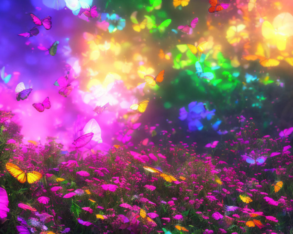 Colorful Butterfly Meadow with Flowers and Lights