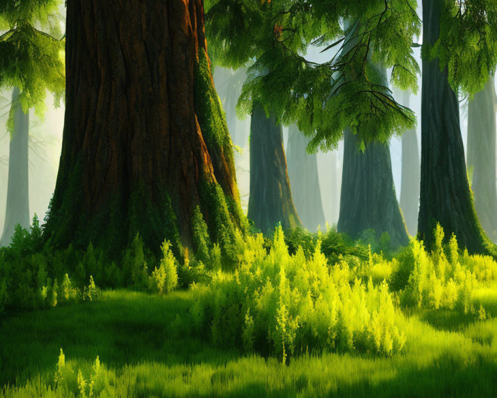 Majestic forest scene with towering trees and sunlight piercing through mist.