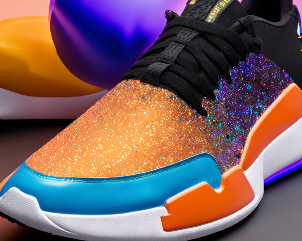 Colorful Glitter Sneaker with Orange Toe and Blue Sole