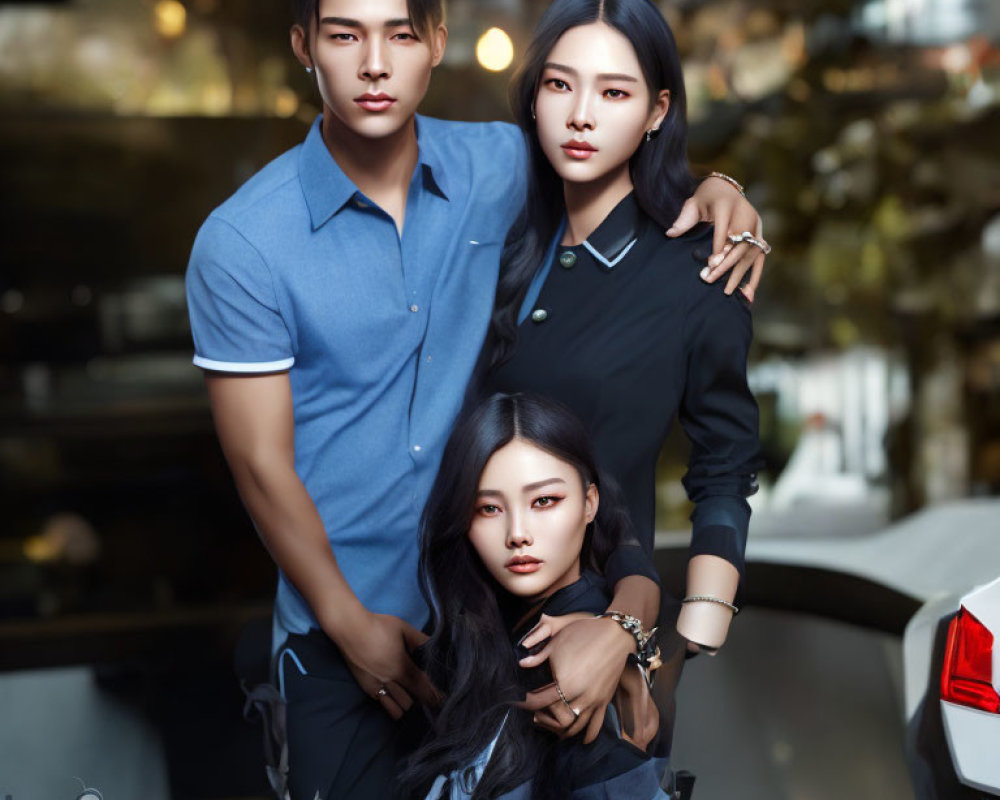 Three individuals posing stylishly against urban night backdrop.