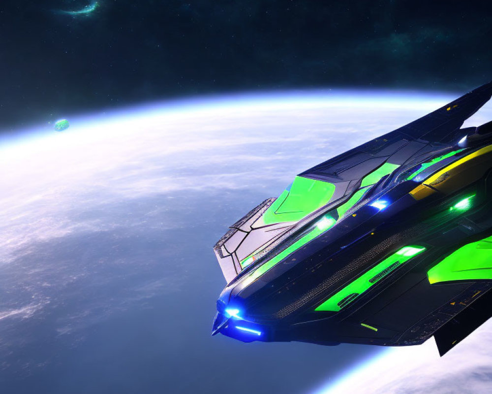 Futuristic spaceship with blue and green lights above planet's atmosphere