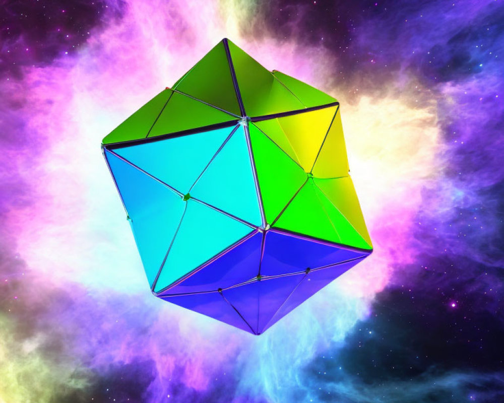 Vibrant 3D geometric gem shape on cosmic nebula background